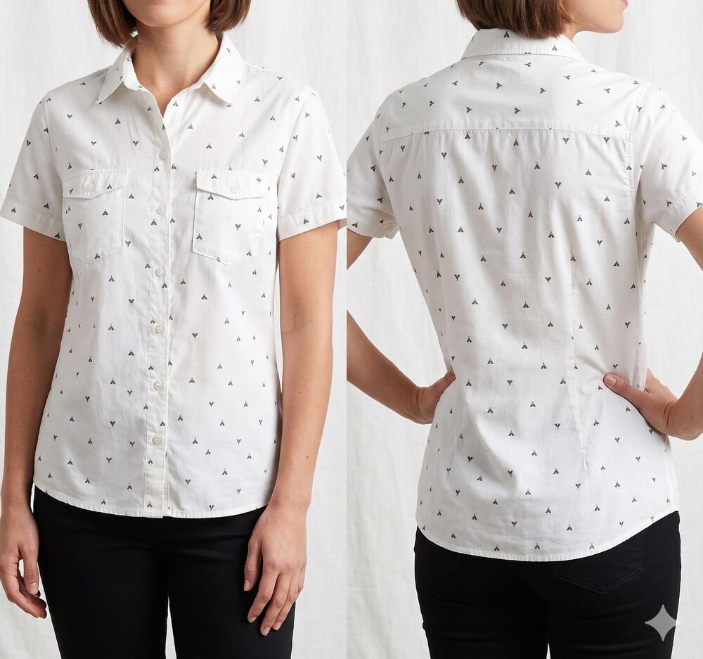 Eddie Bauer White TeePee Medium Button Front Short Sleeve Shirt Poly Nylon